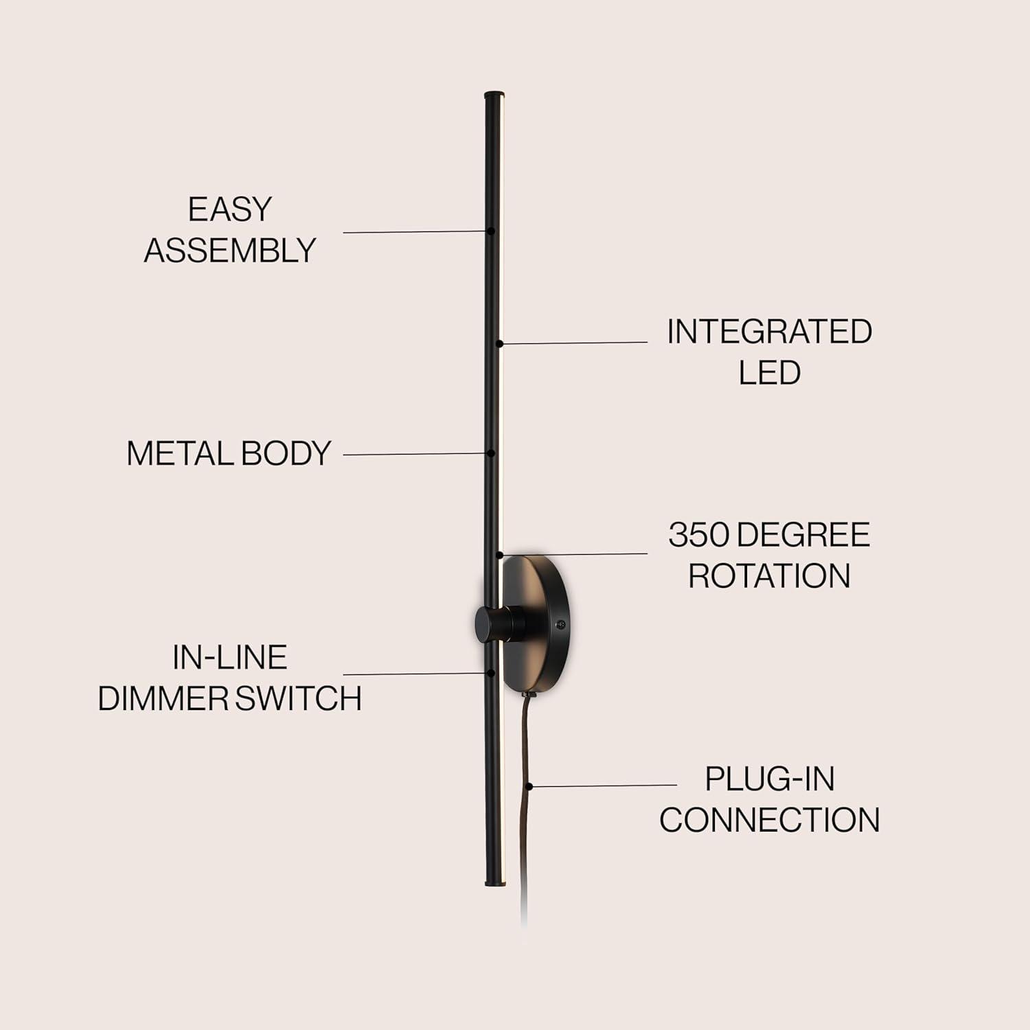 Anton 27.25 in. 1-Light Modern Minimalist Iron Adjustable Bar Integrated LED Plug-In Sconce, Black