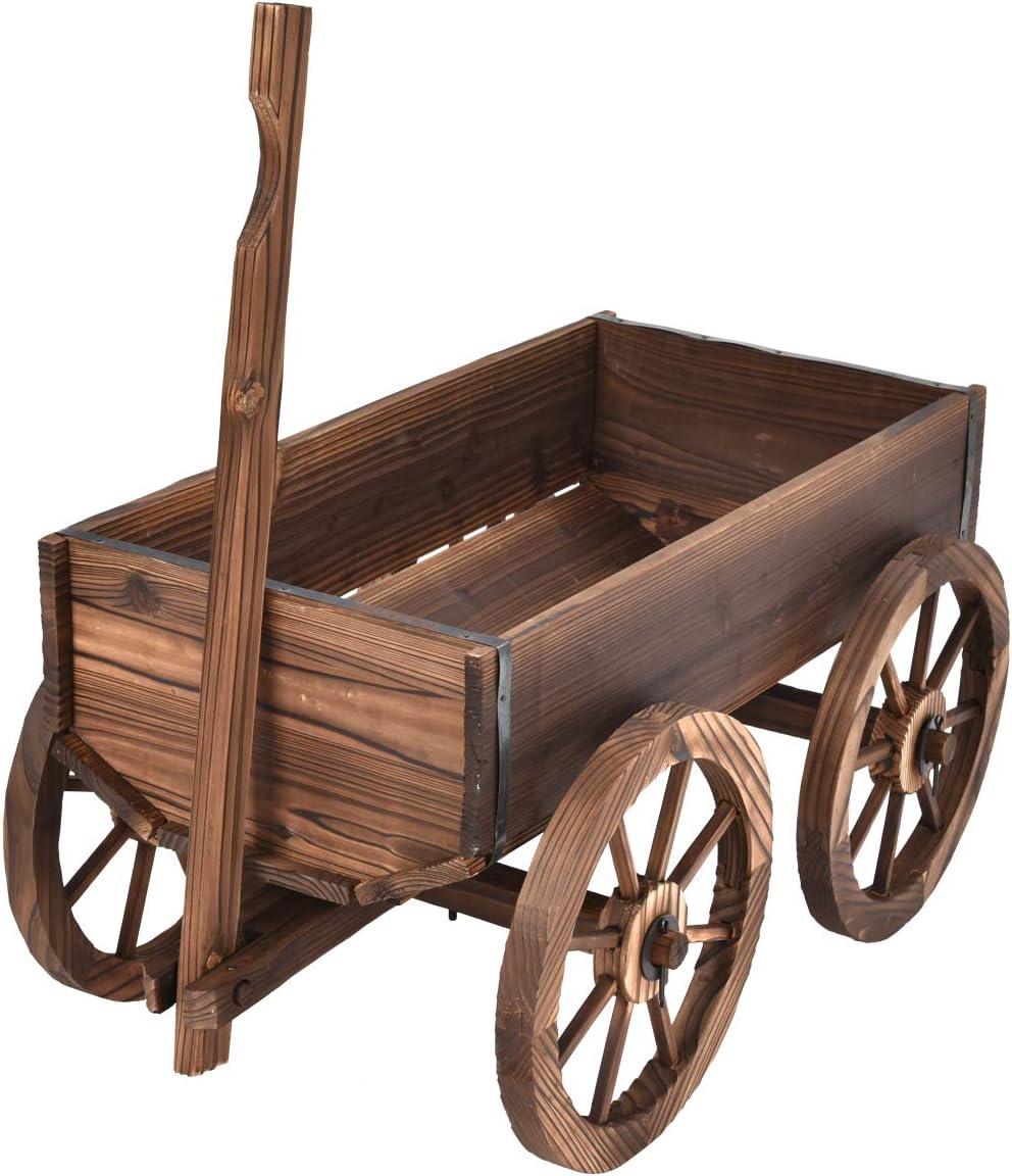 Tangkula Outdoor Flower Planter Wood Wagon Decoration Wheels