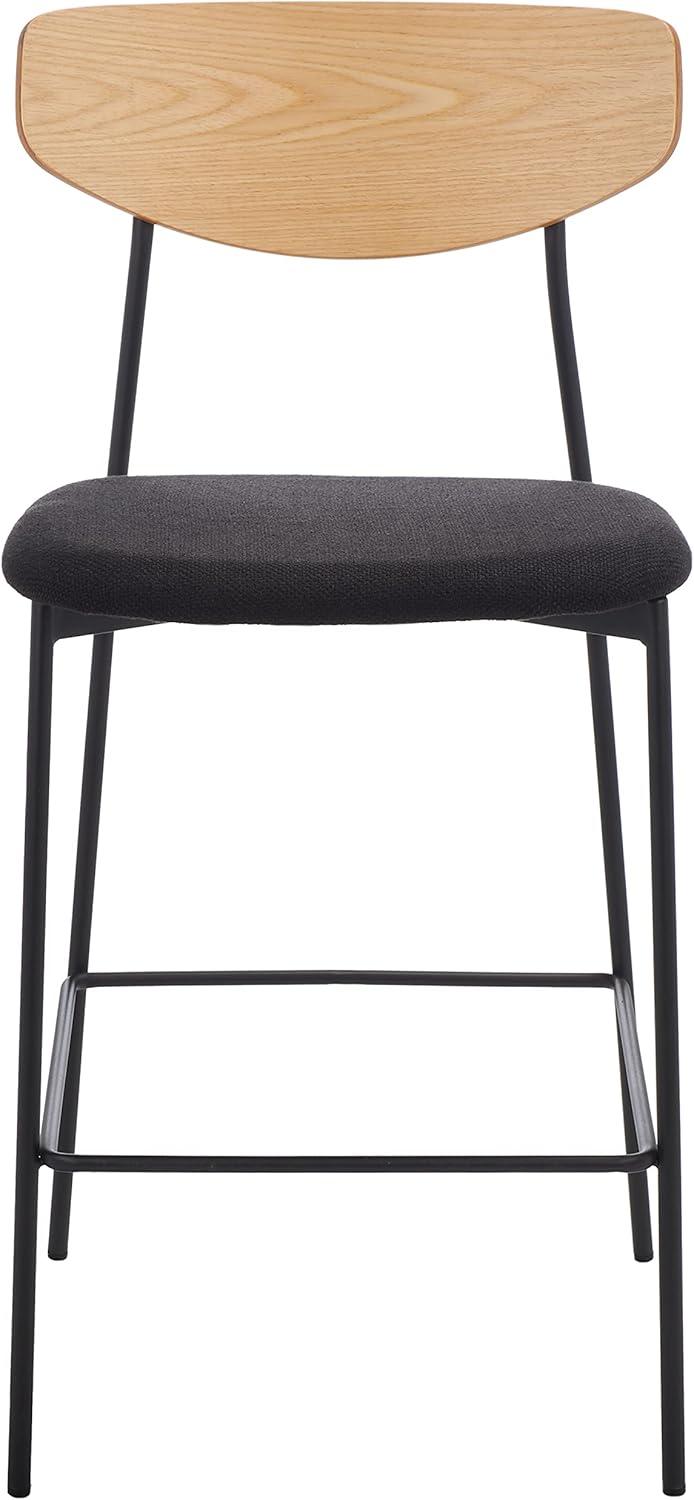 Mid-Century Oak and Black Iron Saddle Counter Stool