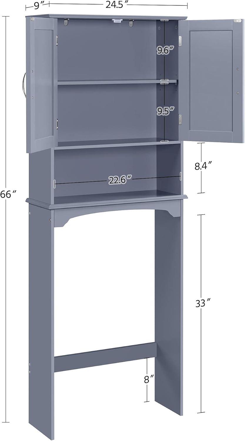 Yaheetech Over The Toilet Bathroom Cabinet with 2 Doors & Adjustable Shelf, Free Standing Toilet Rack Space-Saving, L24.5xW9xH66 Inches, Grey