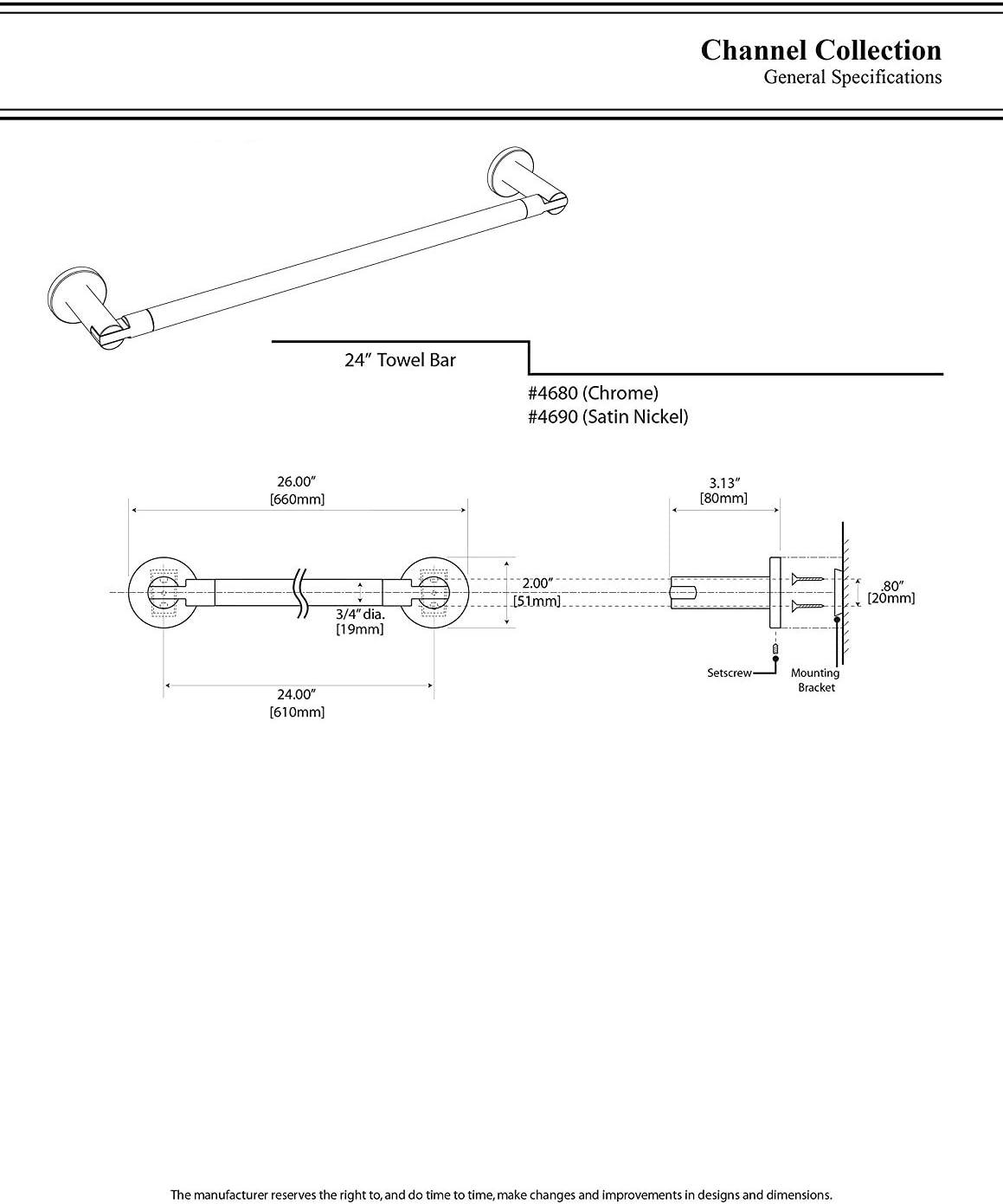 Channel 24-Inch Chrome Wall Mounted Towel Bar