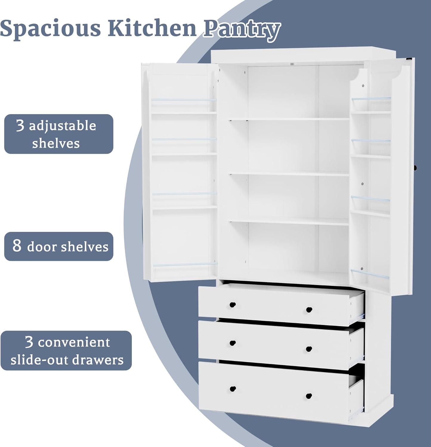 77inch Farmhouse Kitchen Pantry, Wood Storage Cabinet With 3 Adjustable Shelves, Freestanding Tall Cupboard Storage Cabinet With 8 Door Shelves And 3 Drawers For Kitchen, Dining Room (White-CR)
