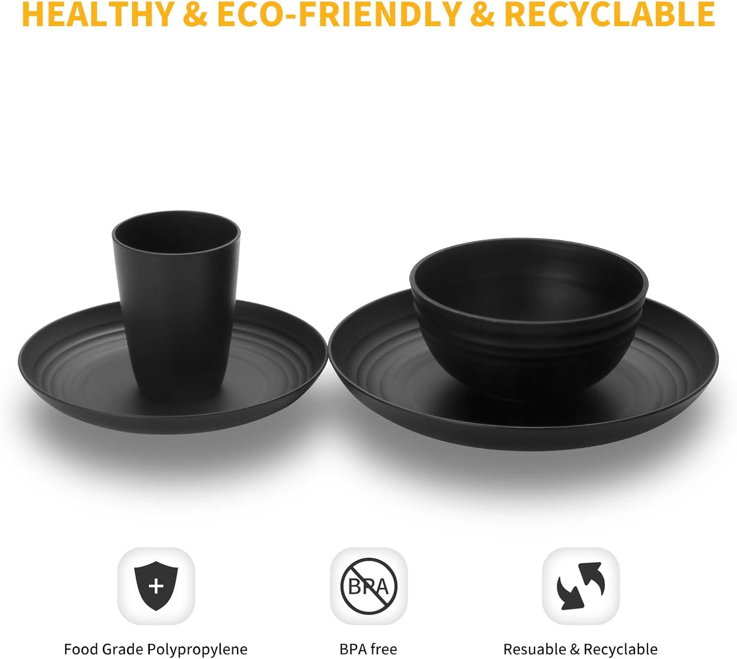 32 Pcs Wheat Straw Dinnerware Sets,Plastic Plates and Bowls Sets for 8,Unbreakable Dinnerware Set,Reusable Lightweight Black Dish Set for Kitchen,Camping,Party,RV,Dishwasher Microwave Safe