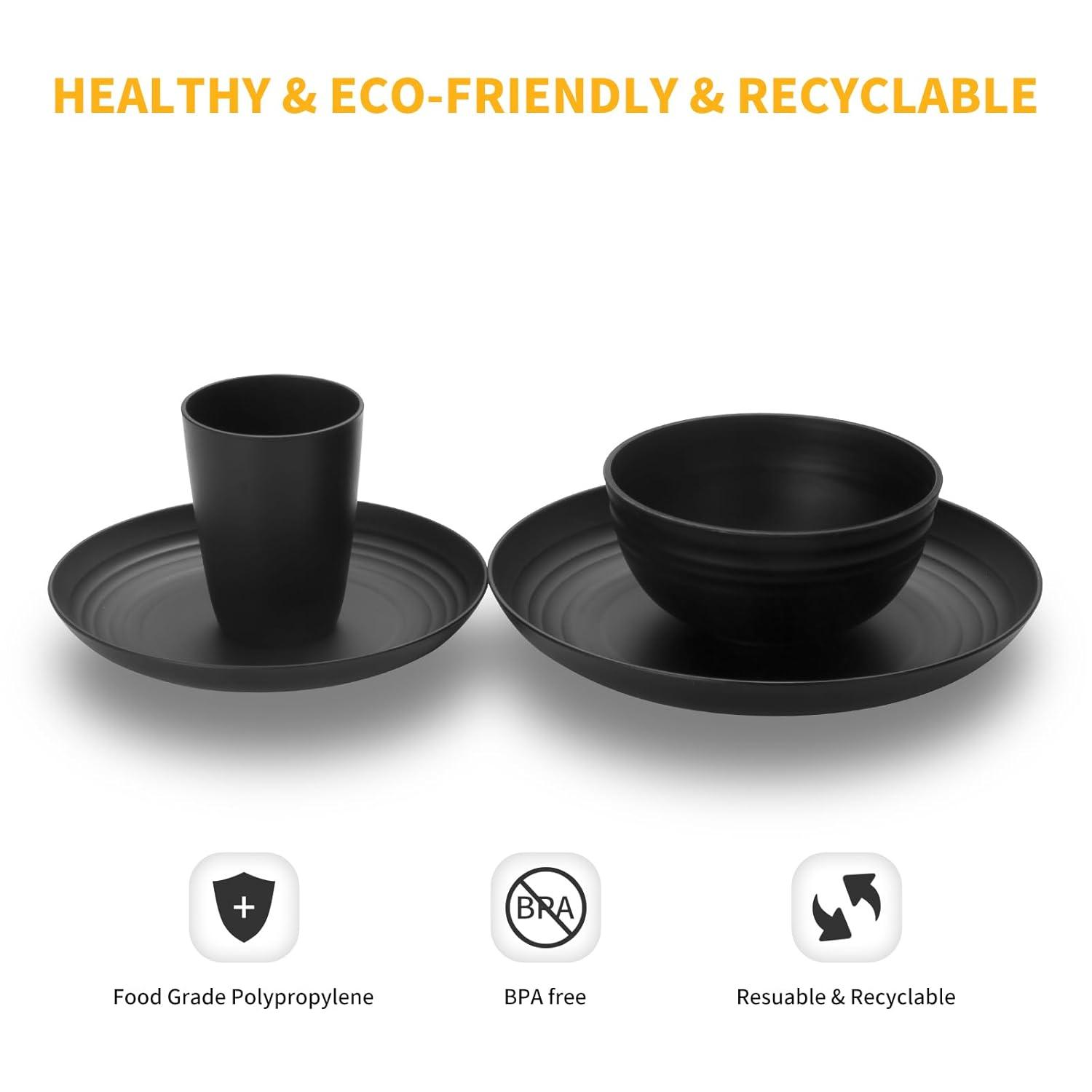 32 Pcs Wheat Straw Dinnerware Sets,Plastic Plates and Bowls Sets for 8,Unbreakable Dinnerware Set,Reusable Lightweight Black Dish Set for Kitchen,Camping,Party,RV,Dishwasher Microwave Safe