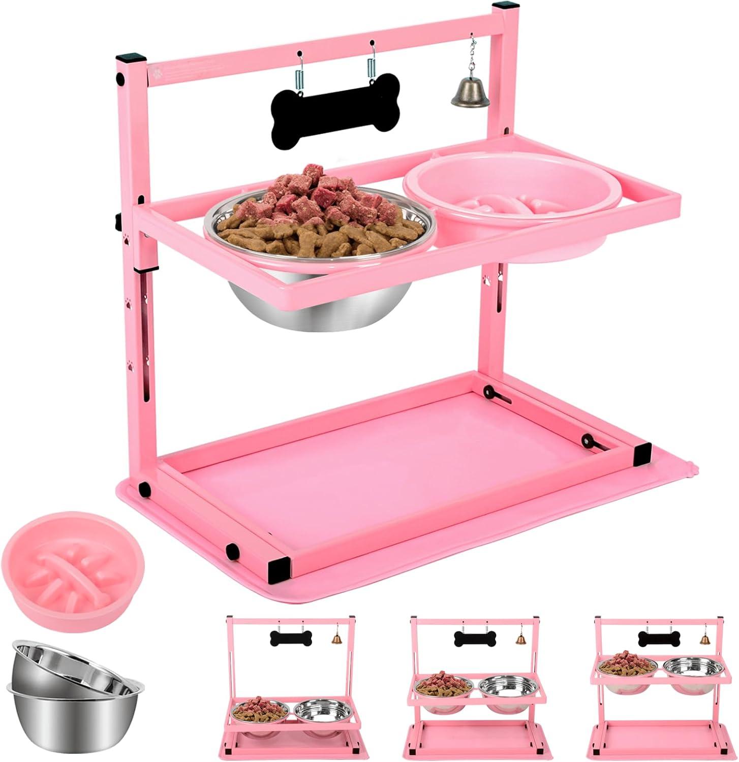 Pink Adjustable Elevated Dog Bowl Stand with Stainless Steel Bowls