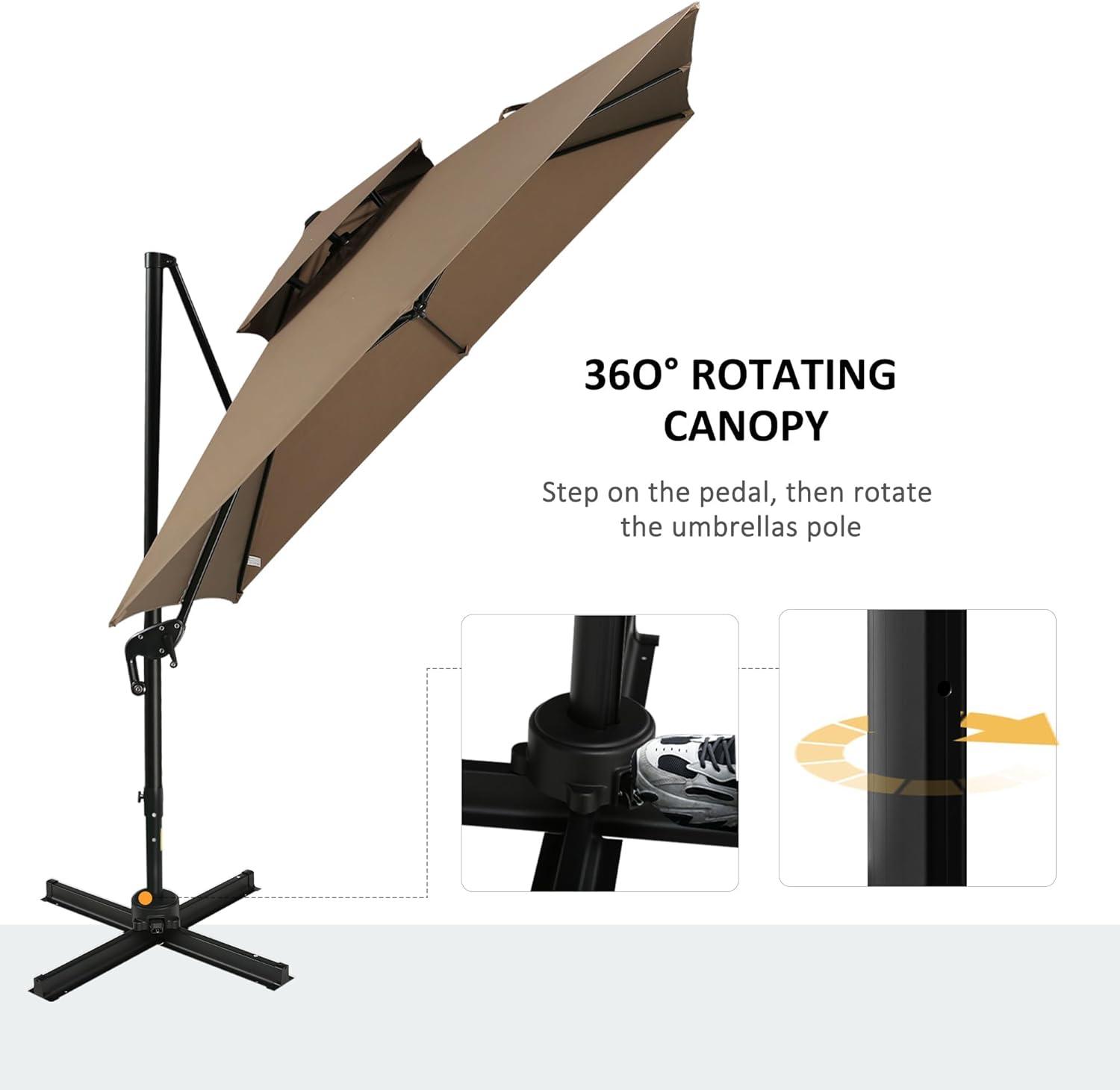 Outsunny 10ft Offset Patio Umbrella with Base, Double Top Hanging Aluminum Cantilever Umbrella with 360-degree Rotation, Easy Tilt, 8 Ribs, Crank, Cross Base, Cover, Strap