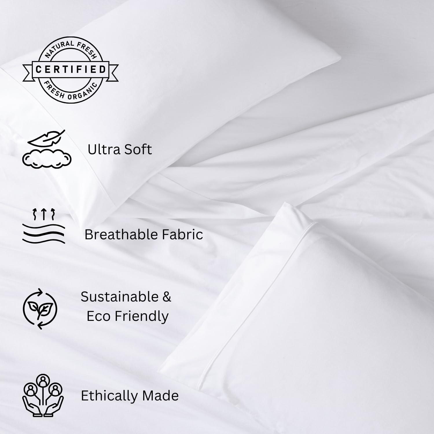 100% Organic Cotton Queen Sheet Set, 4Pc Cotton Sheets Queen Size Bed Set, Soft & Breathable Percale Weave, Deep Pocket Queen Sheets, Hotel-Quality Bed Sheets Queen Size - White Bed Sheets