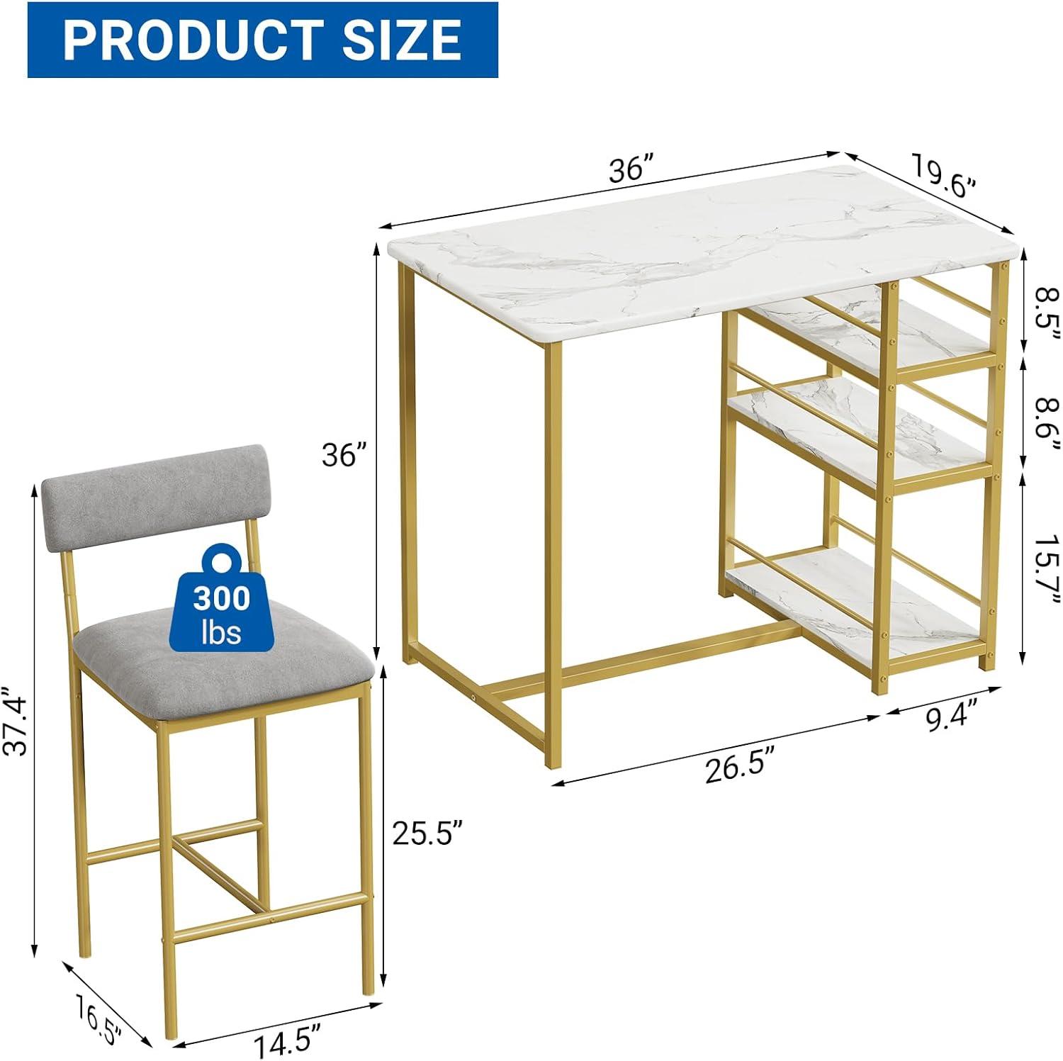 Gold and Gray 3-Piece Dining Set with Storage Shelves