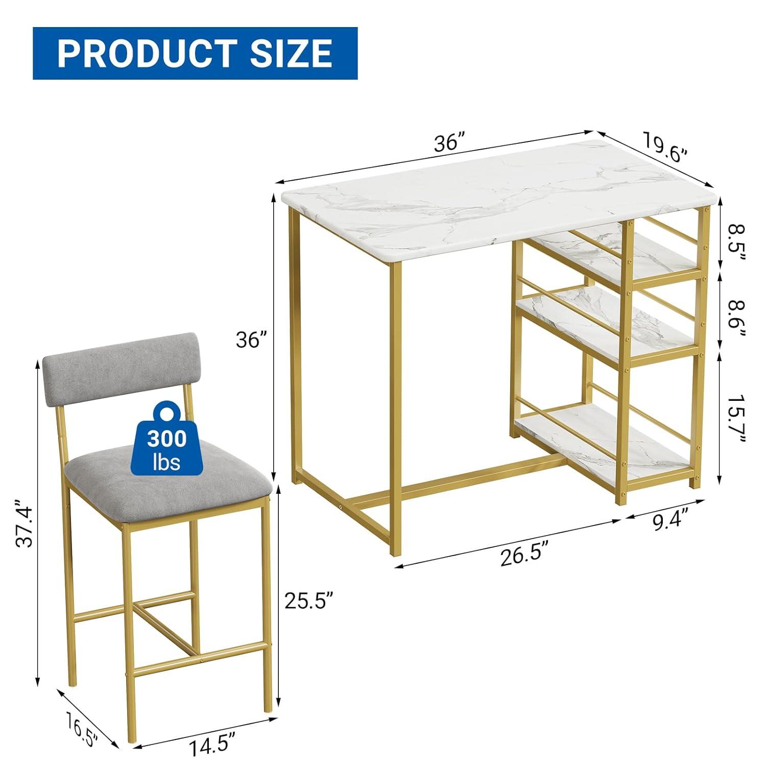 Gold and Gray 3-Piece Dining Set with Storage Shelves