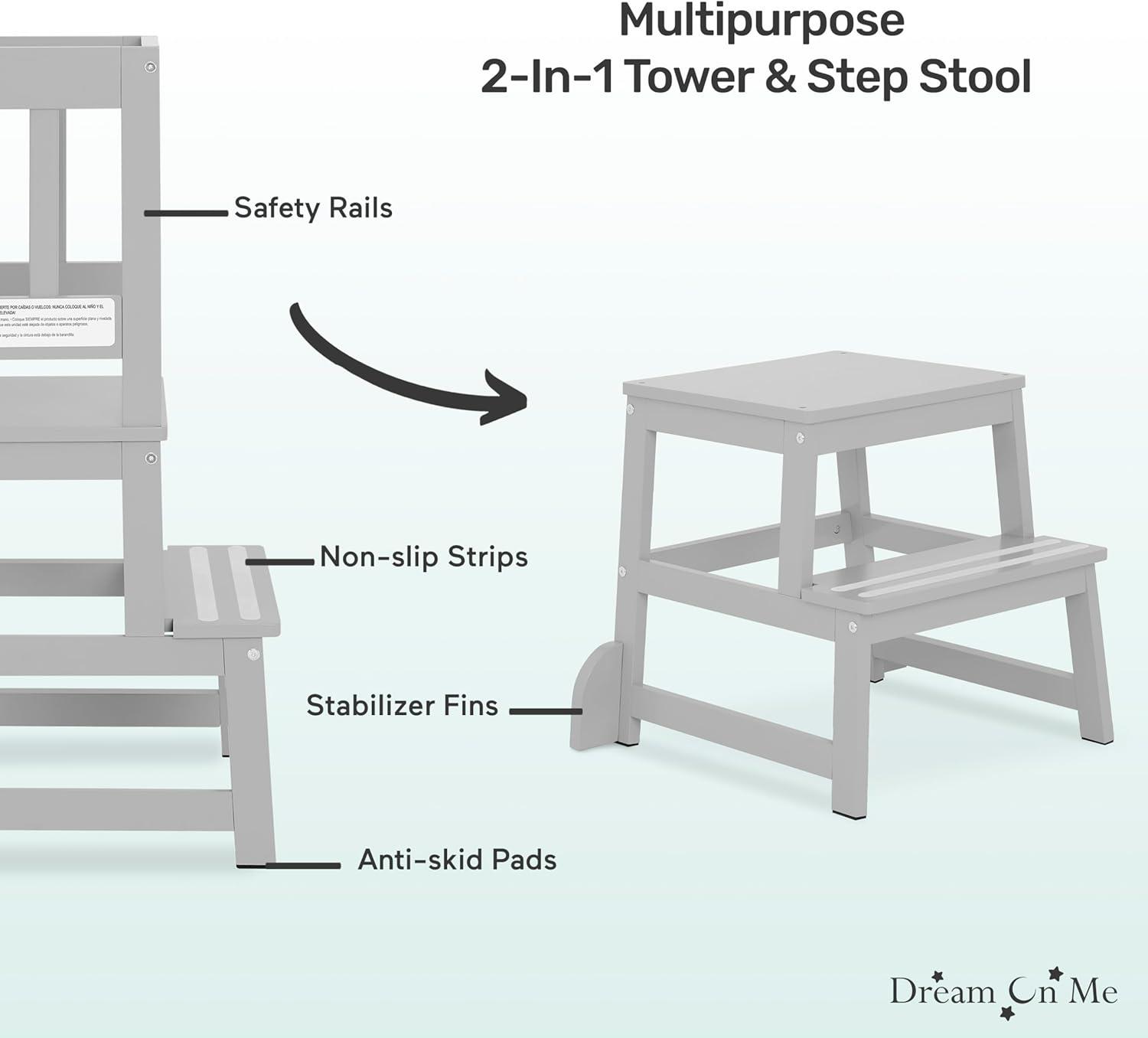 Dream On Me 2-in-1 Funtastic Tower and Step Stool, Easy to Assemble, Cool Grey
