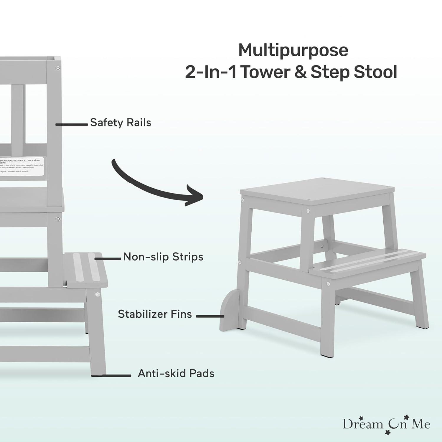 Dream On Me 2-in-1 Funtastic Tower and Step Stool, Easy to Assemble, Cool Grey
