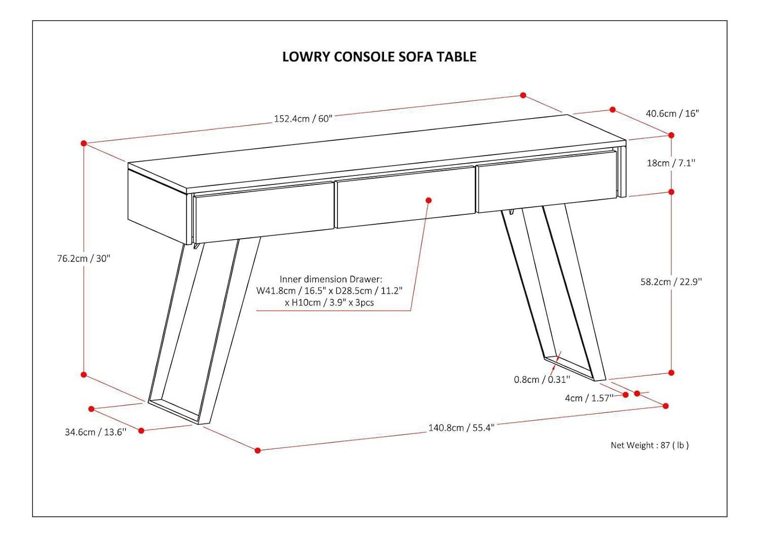 Lowry 60"W Solid Wood Modern Industrial Storage Console Table with 3 Storage Drawers and Metal Legs