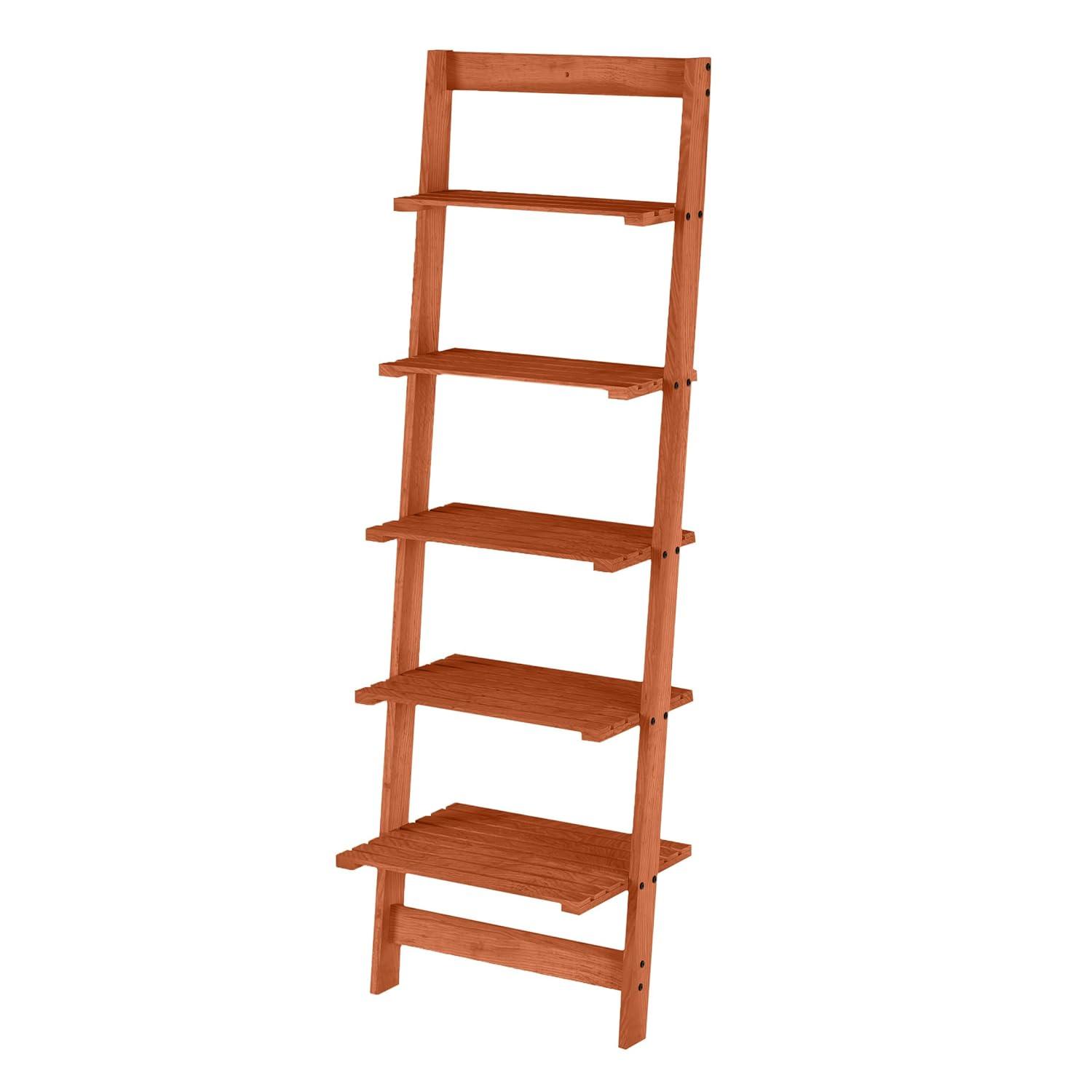 Cherry Painted Wood 5-Tier Leaning Ladder Bookshelf