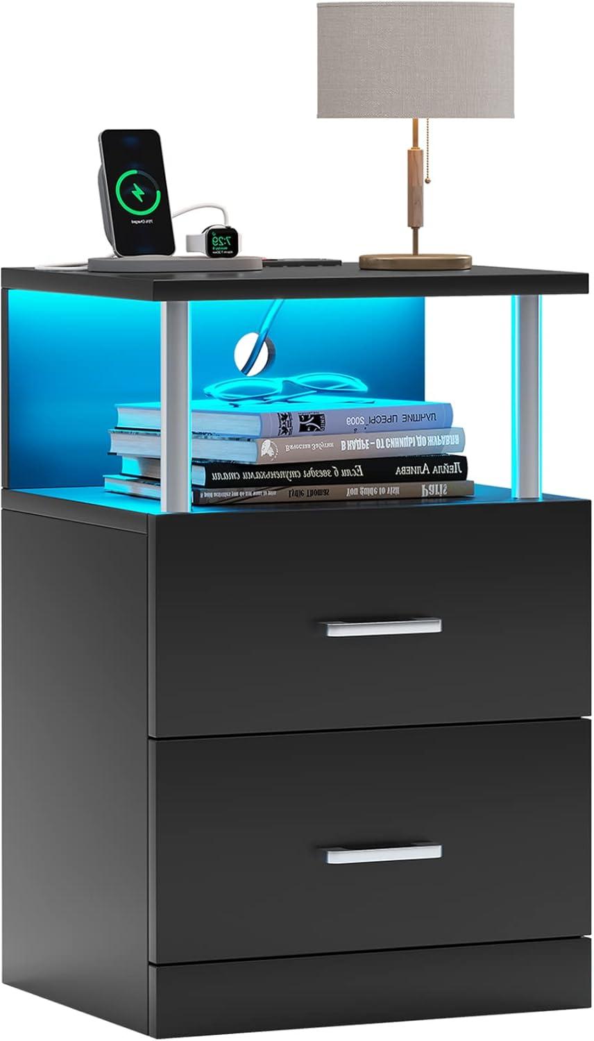 Black Nightstand with Charging Station and LED Lights for Bedroom, Bedside Table with 2 Drawers for Living Room, 2 USB Ports&2 Outlets