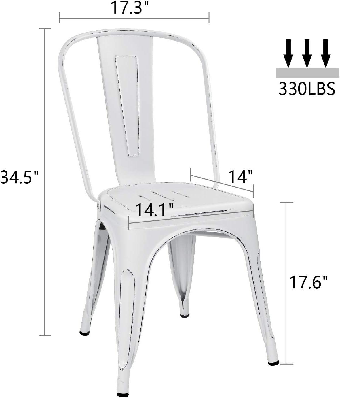 Killeryuki Metal Dining Chair Indoor Outdoor Use Stackable Chic Side Classic Trattoria Metal Chairs Set of 4 for Kitchen, Dining Room, Bistro and Cafe (Distressed White)