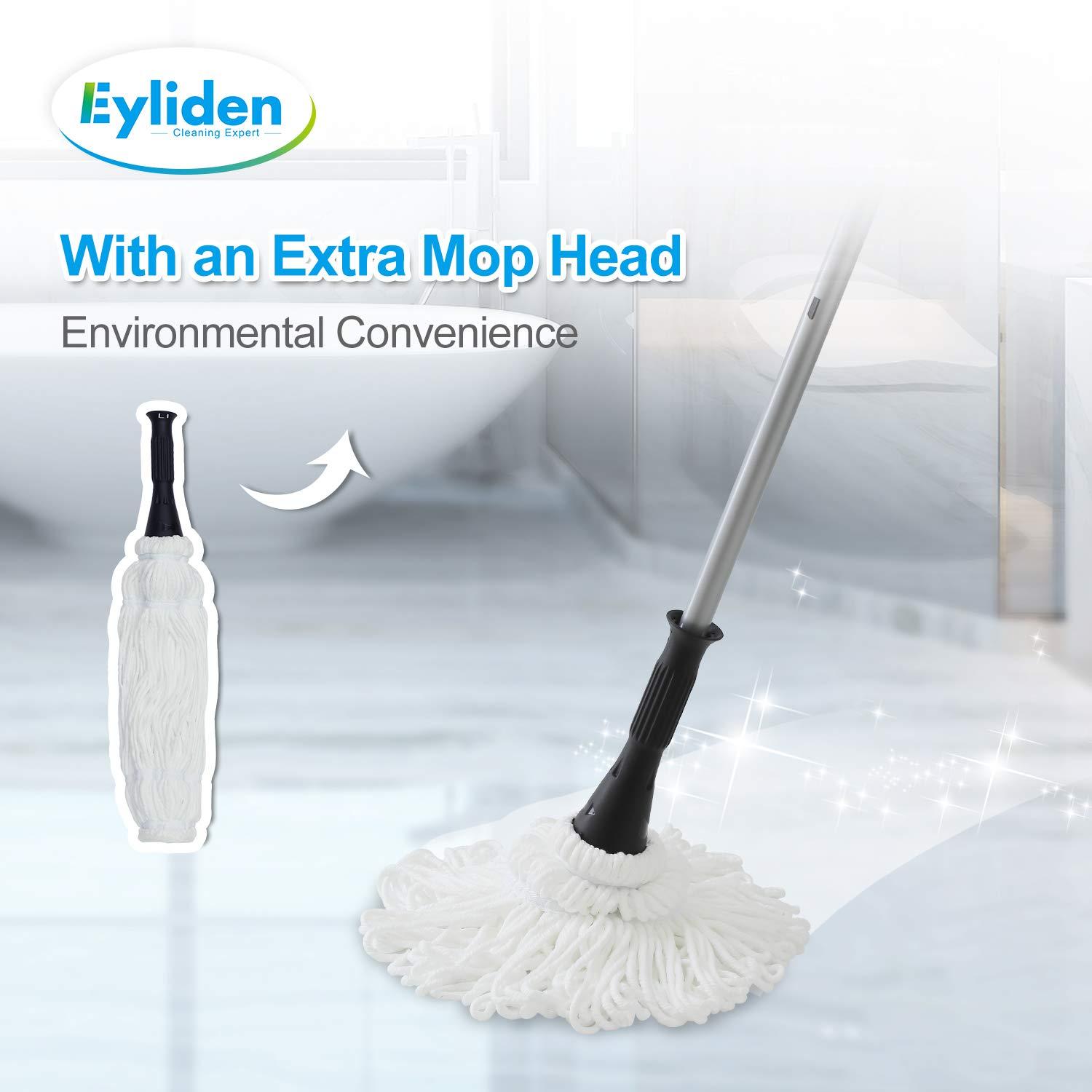 Eyliden Cotton Twist Mop for Floor Cleaning with 2 Reusable Heads, 57.5 inch Silver Long Handle, White Color