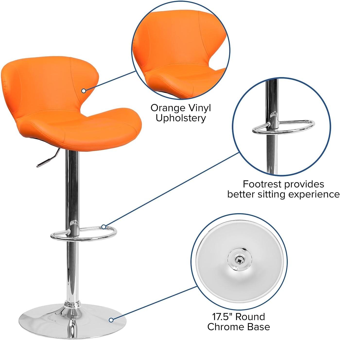 Flash Furniture Contemporary Orange Vinyl Adjustable Height Barstool with Curved Back and Chrome Base
