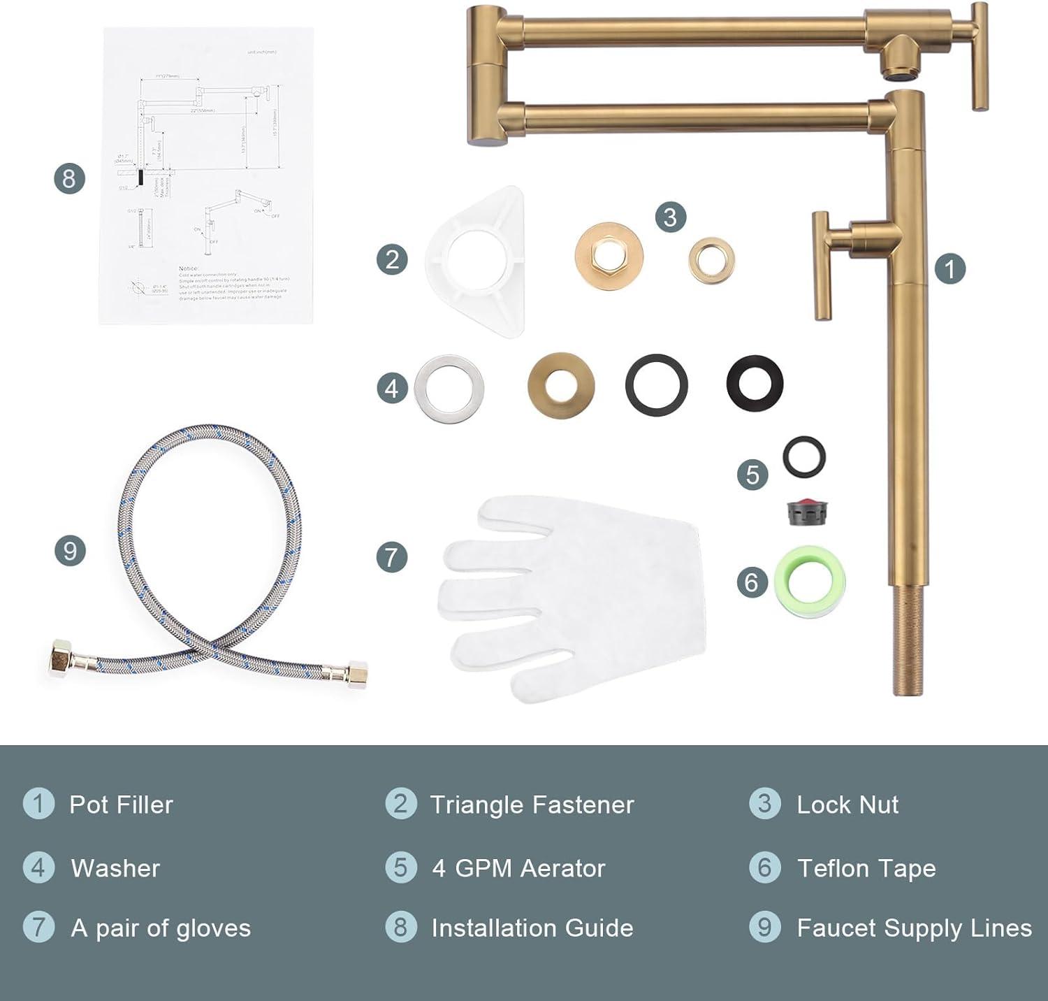 Pot Filler Faucet Wall Mount Kitchen Sink Faucet Stove Pot Filling Faucet with Double Joint Swing Arms Folding Faucet, Solid Brass Material, Lead-Free, Single Hole, Brushed Gold
