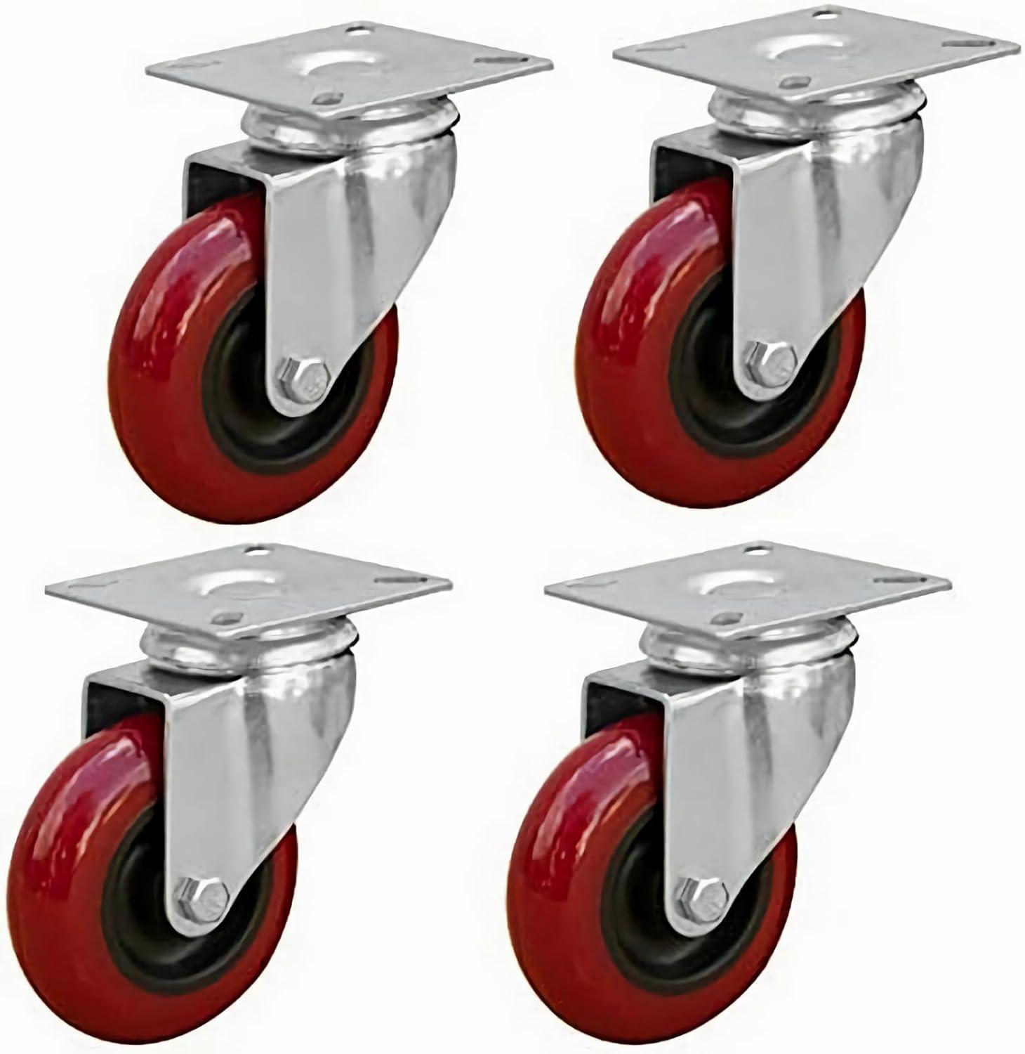 POWERTEC 3-Inch Red Polyurethane Swivel Plate Caster Wheels, Set of 4