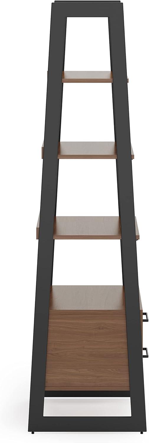 Simpli Home Sawhorse Modern Industrial and Metal Ladder Shelf with Storage in Walnut