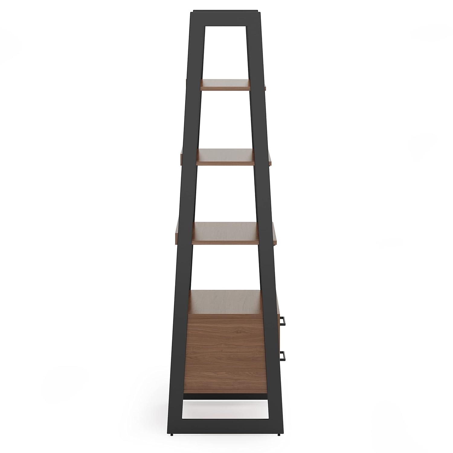 Simpli Home Sawhorse Modern Industrial and Metal Ladder Shelf with Storage in Walnut