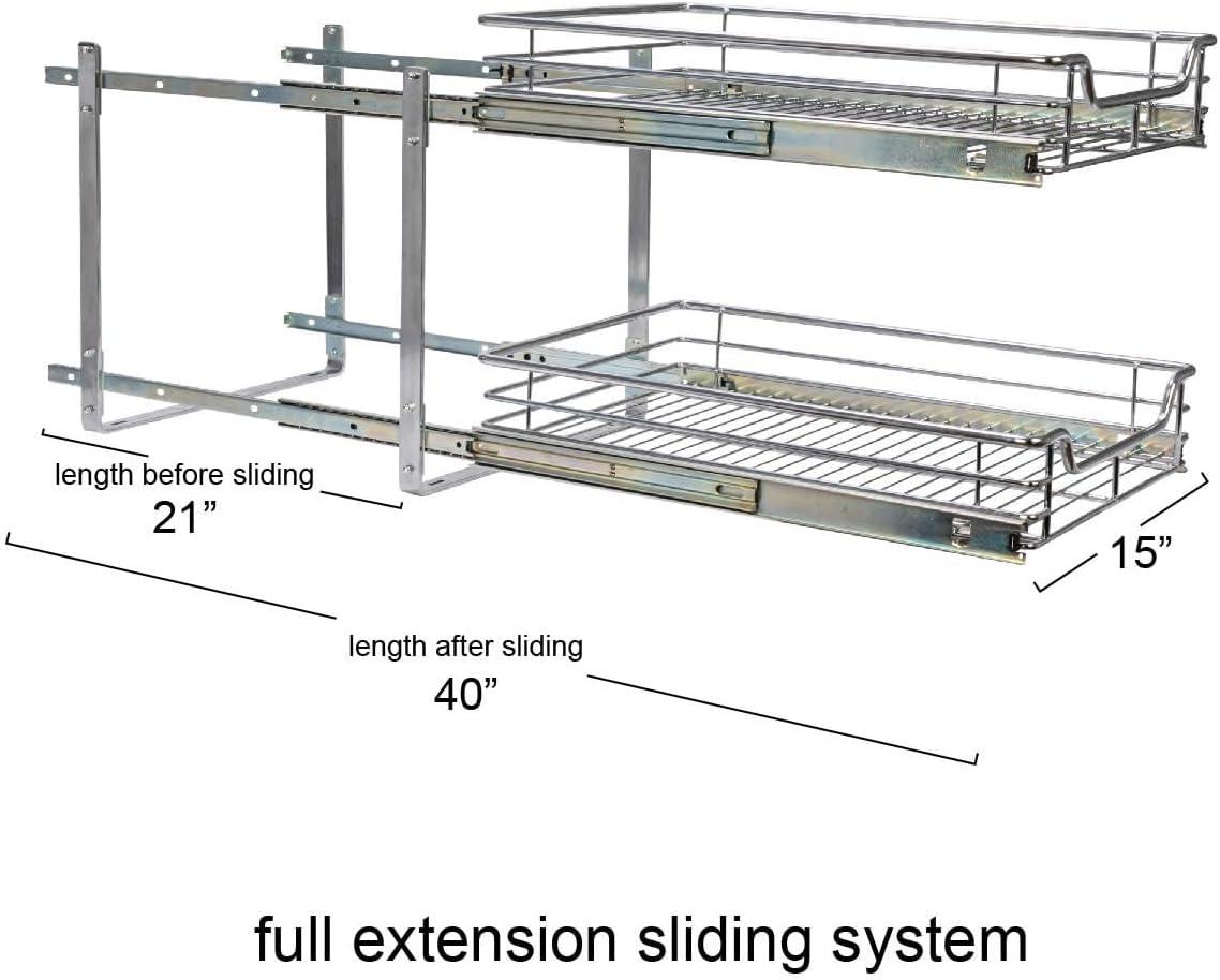 Household Essentials Glidez Multipurpose Chrome-Plated Steel Pull-Out/Slide-Out Basket Storage Organizer for Under Cabinet Use - 2-Tier Design - Fits Standard Size Cabinet or Shelf, Chrome