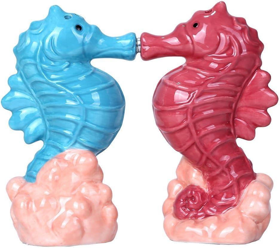 Kissing Pink and Blue Ceramic Seahorse Salt and Pepper Shaker Set