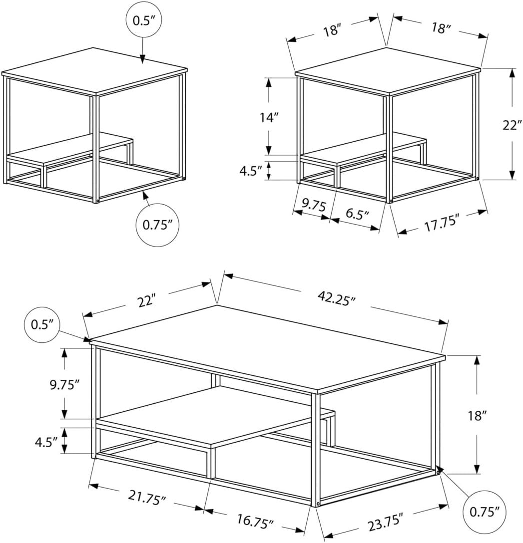 Monarch Specialties Table Set 3Pcs Set Coffee End Side Accent Living Room Metal Laminate White Grey Contemporary Modern