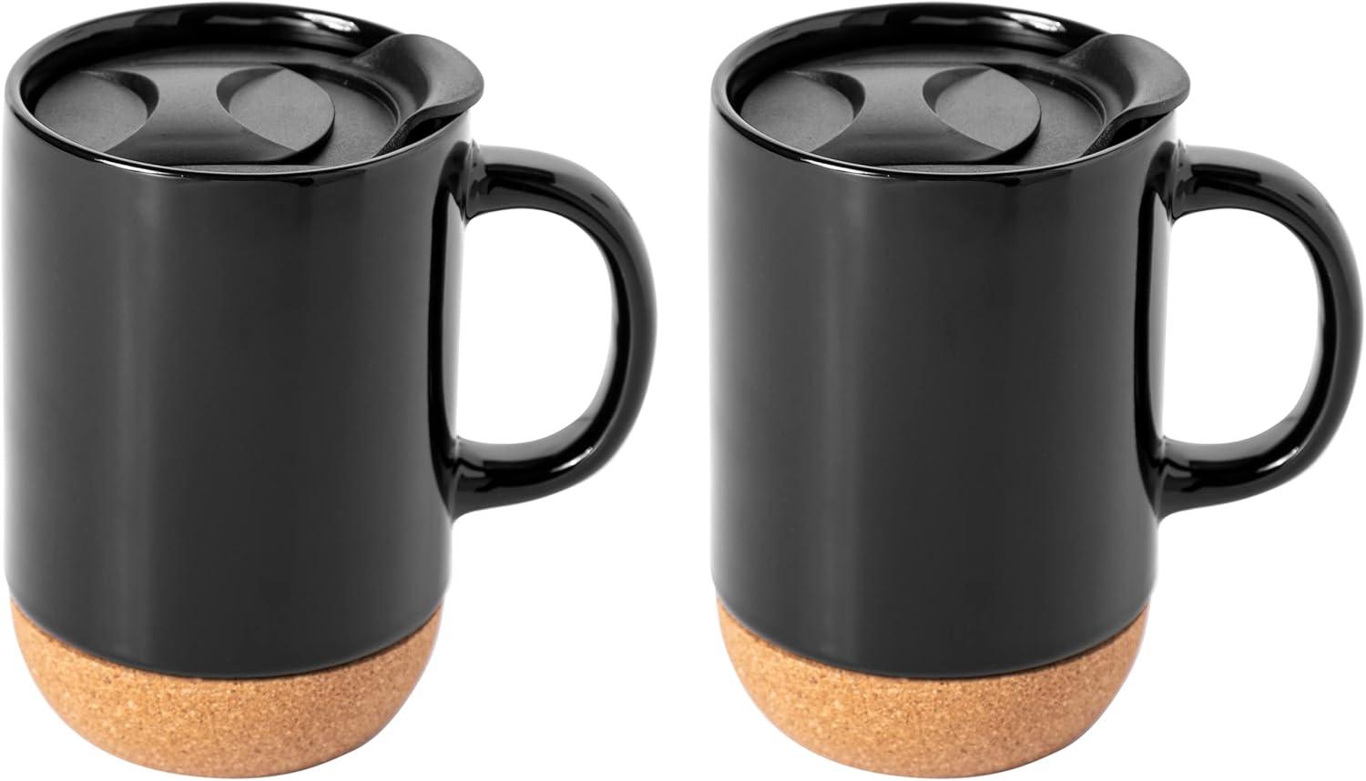 Gibson Home Modani 2 Pack Large 16.5 OZ Ceramic Mugs Set With Removable Cork Bottom And Lid - Black