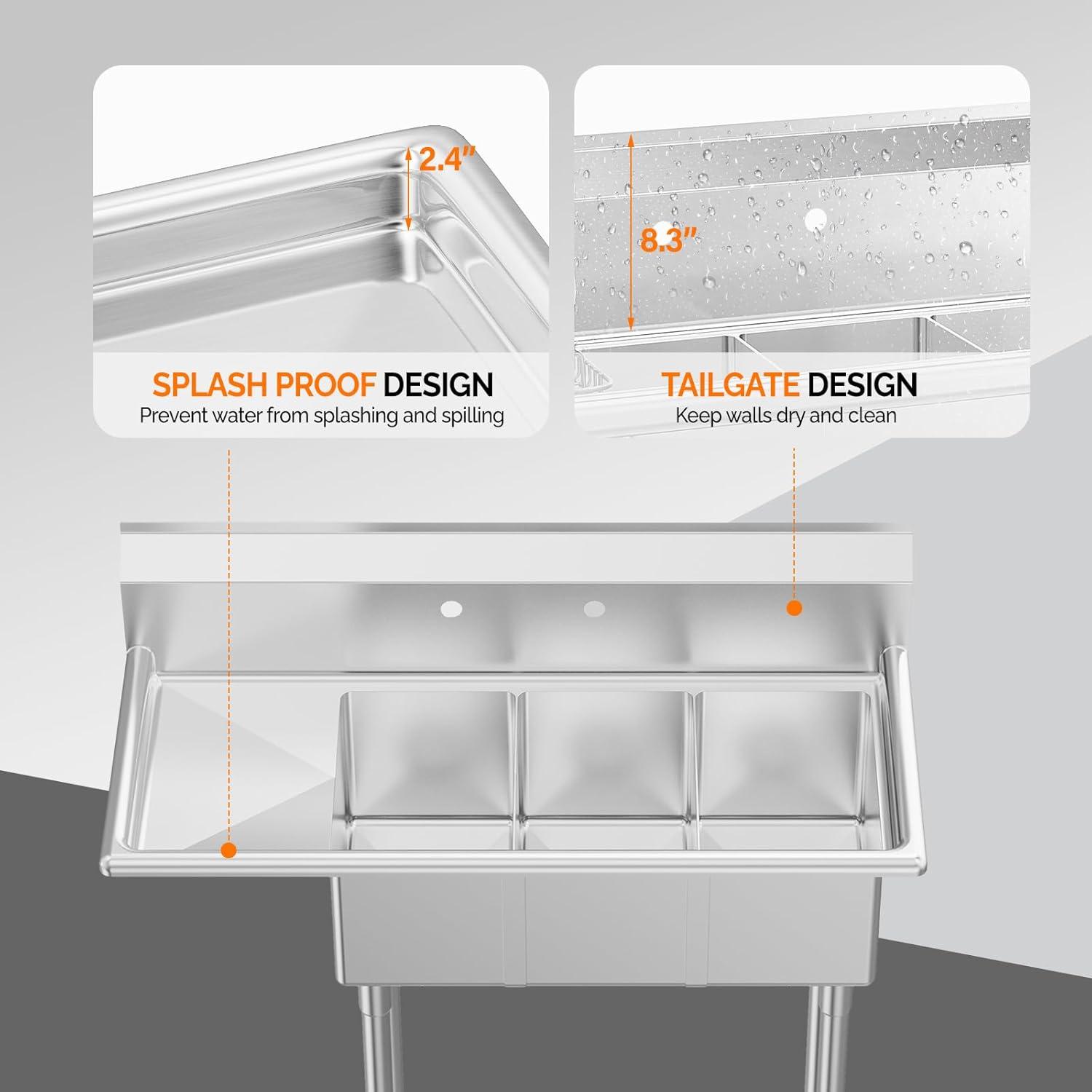 Stainless Steel 3-Compartment Utility Sink with Left Drainboard