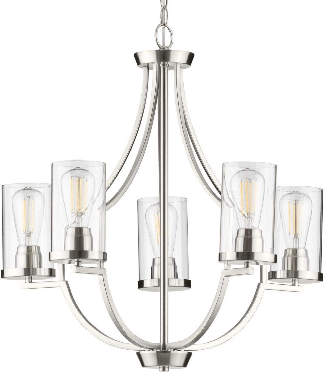 Progress Lighting Lassiter 5-Light Chandelier, Brushed Nickel, Clear Glass Shades