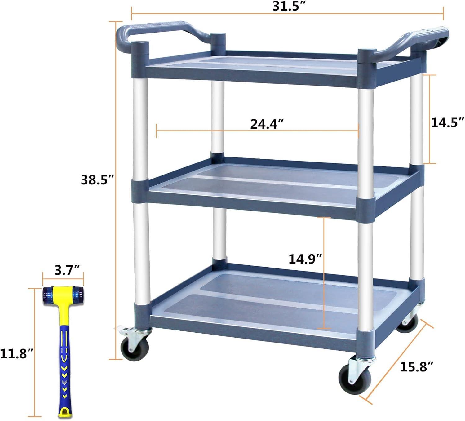 Service Cart Heavy Duty 3-Shelf Rolling Utility/Push Cart with Lockable Wheels, 360 lbs. Capacity, for Foodservice/Restaurant/Cleaning