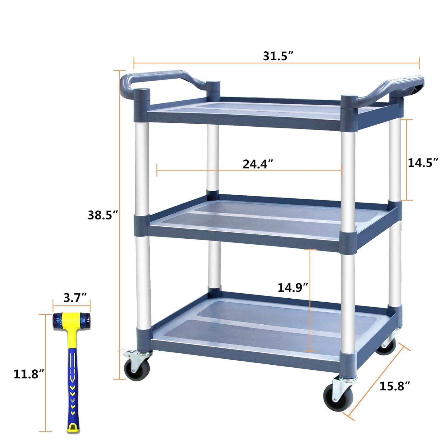 Service Cart Heavy Duty 3-Shelf Rolling Utility/Push Cart with Lockable Wheels, 360 lbs. Capacity, for Foodservice/Restaurant/Cleaning