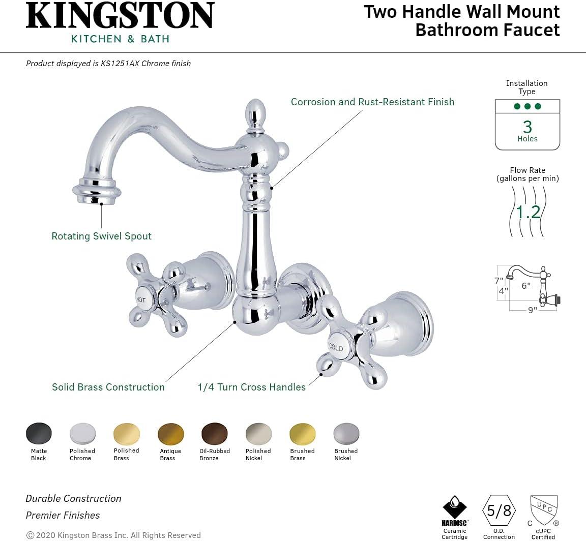 Heritage 8" Antique Brass Cross-Handle Wall Mount Faucet