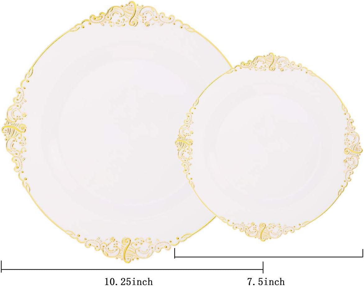 White and Gold Floral Rim Round Plastic Plates Set