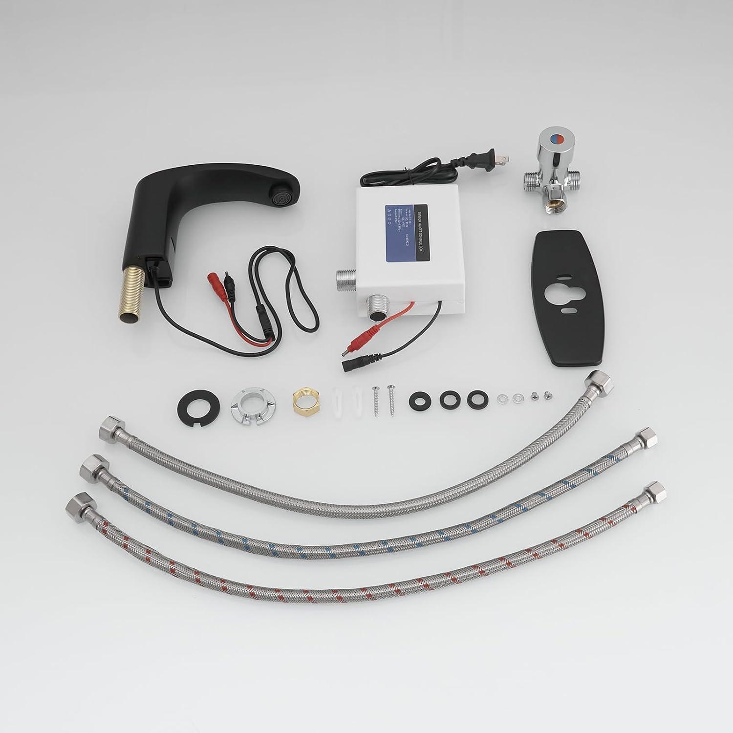 Touchless Bathroom Faucet, Commercial Hands-Free Automatic Sensor Faucet, AC/DC Powered Sink Faucet, Temperature Adjustment Valve, Black