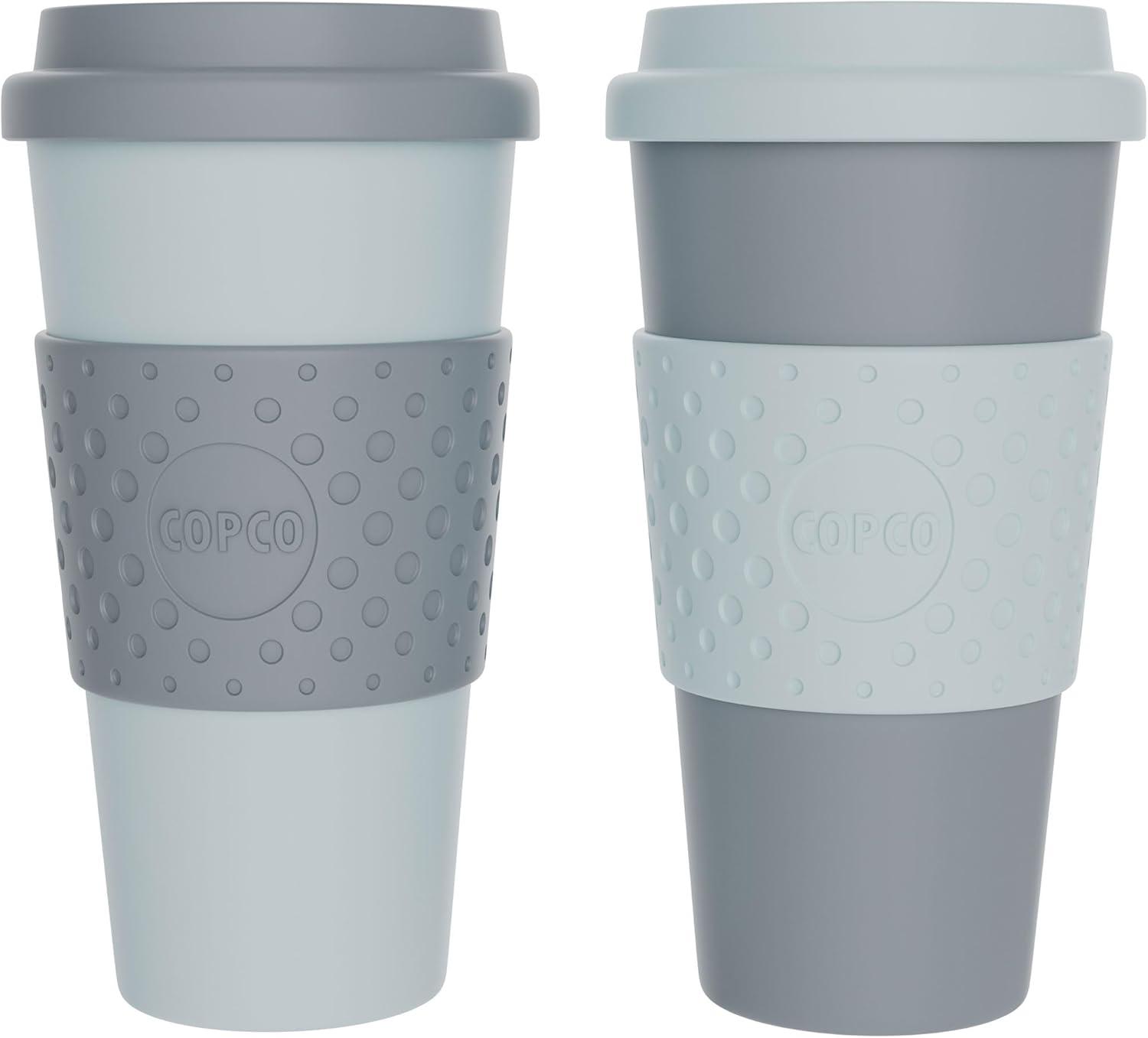 Copco Acadia To Go Mug Set of 2, 16 Ounce Reusable Coffee Cups with Lids, Durable & BPA-Free, Travel Mugs Double-Wall Insulation, Aqua & Gray