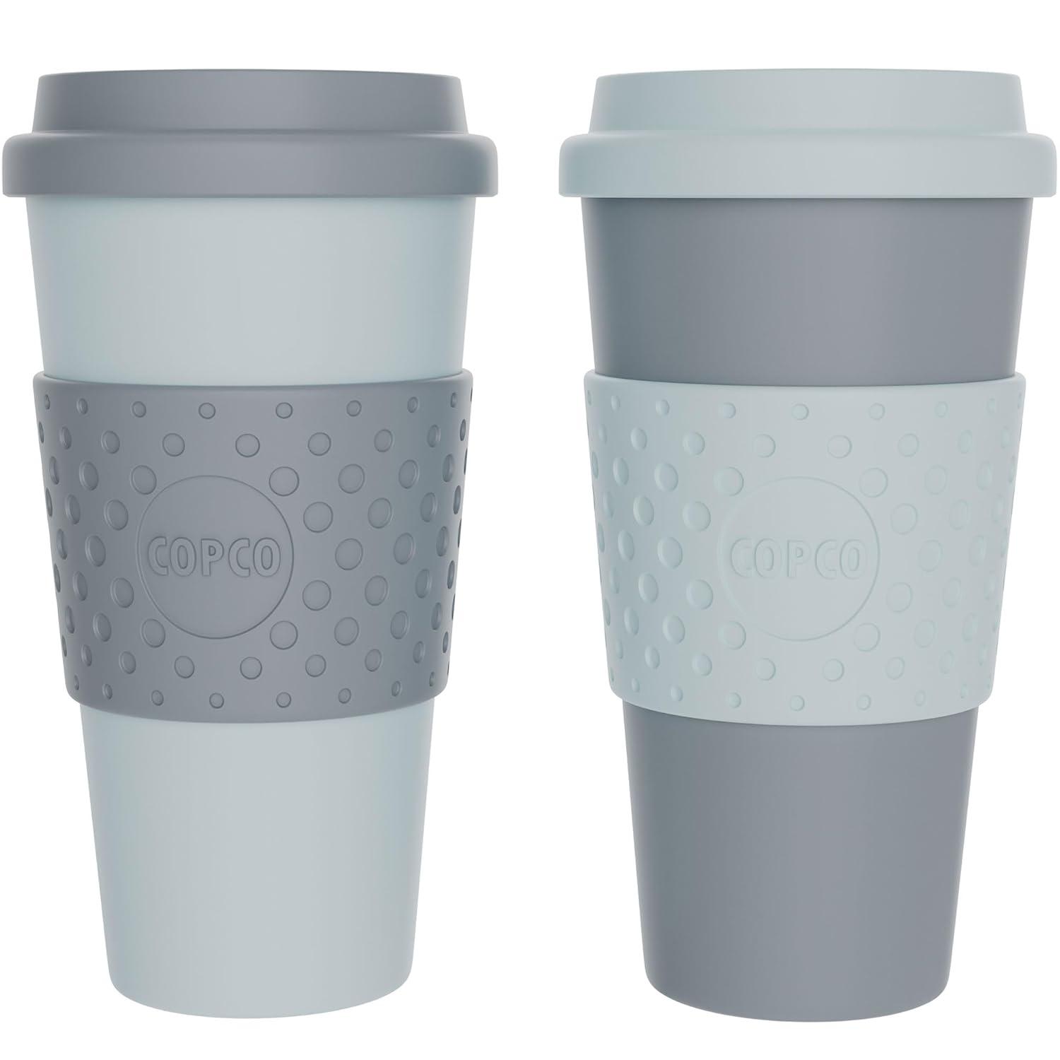 Copco Acadia To Go Mug Set of 2, 16 Ounce Reusable Coffee Cups with Lids, Durable & BPA-Free, Travel Mugs Double-Wall Insulation, Aqua & Gray