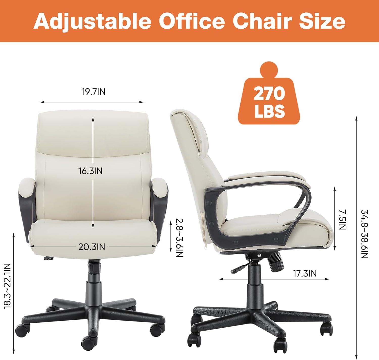 Executive Office Chair with Padded Armrests Adjustable Height, 360-Degree Swivel, Lumbar Support, PU Leather, Cream