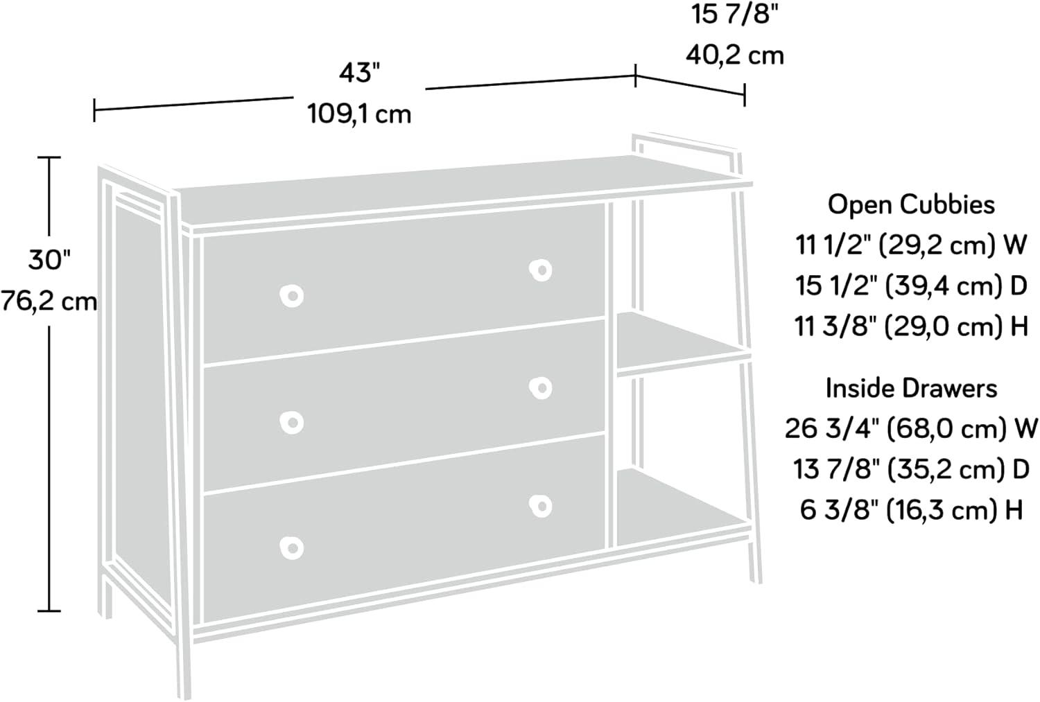 Charter Oak and Black Metal 3-Drawer Dresser with Open Shelves