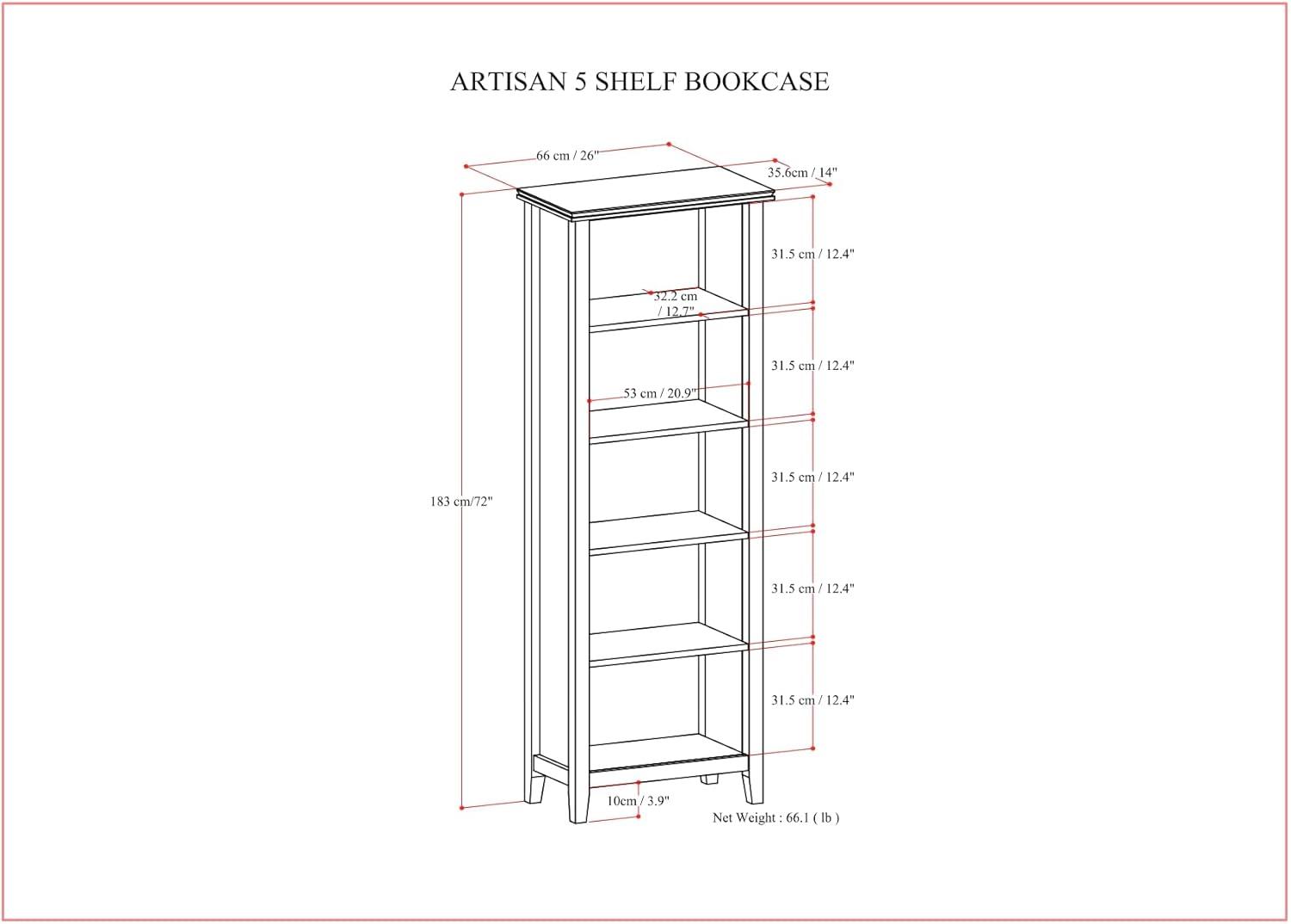 Artisan SOLID WOOD 72 inch x 26 inch Contemporary 5 Shelf Bookcase in Black