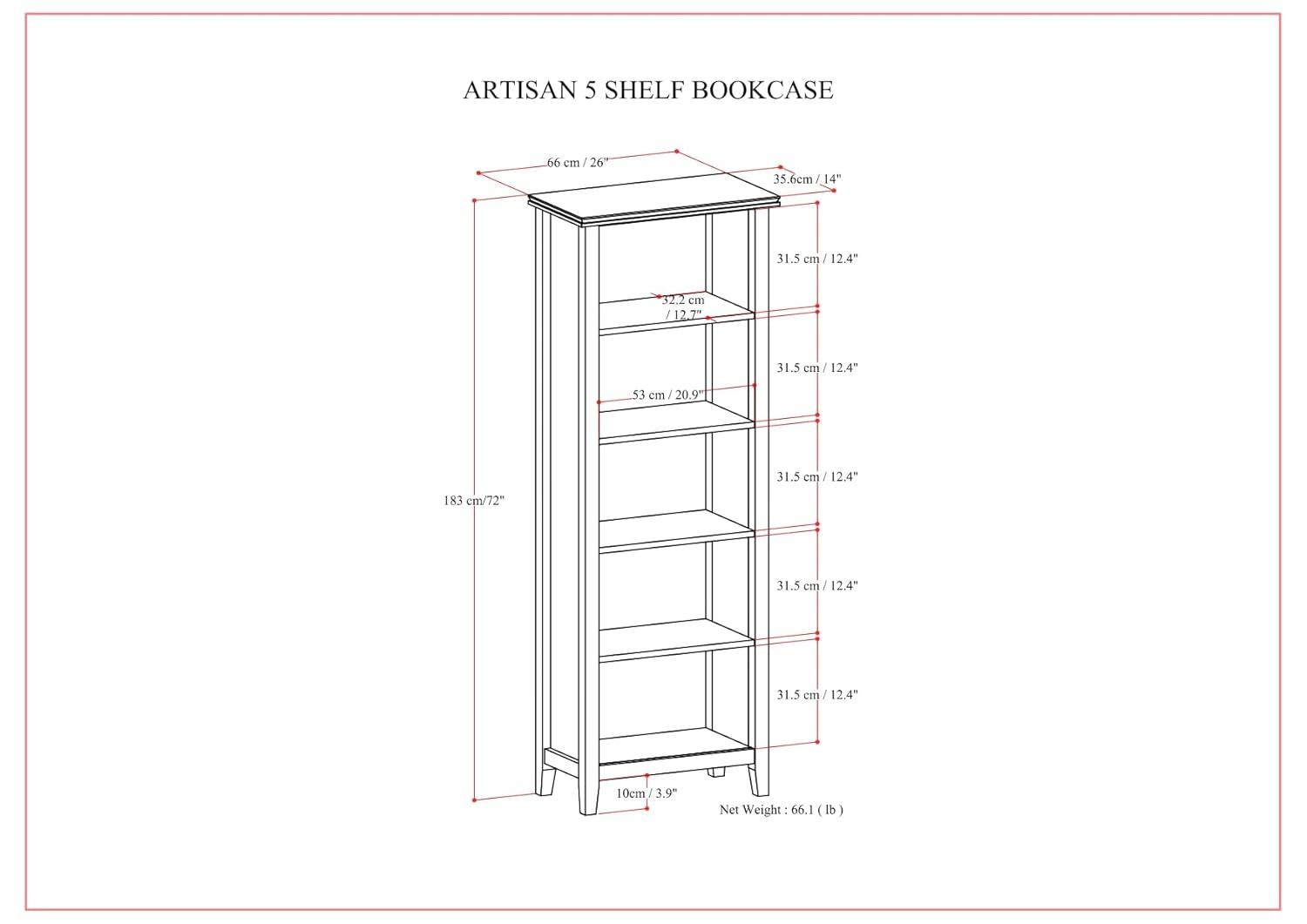 Simpli Home Artisan SOLID WOOD 72 inch x 26 inch Contemporary 5 Shelf Bookcase in White