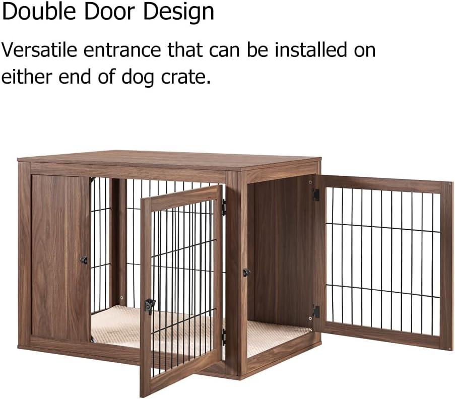 Unipaws Dog Crate End Table with Cushion, Wooden Wire Pet Kennels with Double Doors