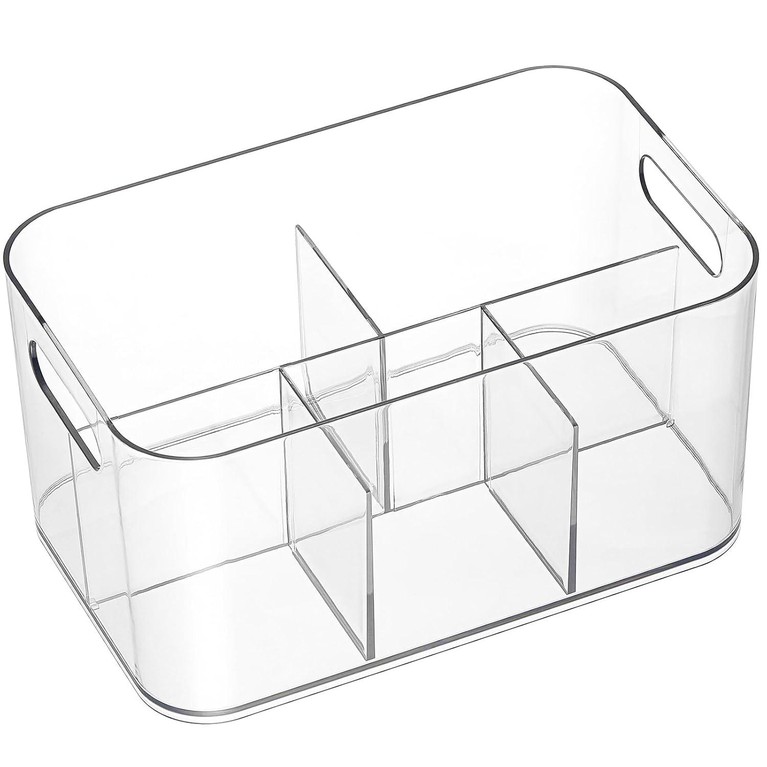 5-Compartment Clear Plastic Bin - Divided Art Supplies, Cosmetic Makeup Caddy Organizer - Multiuse Storage Container for Vanity, Bathroom, Kitchen, Office, Craft, Shower, Cleaning Items, (1 Pack)