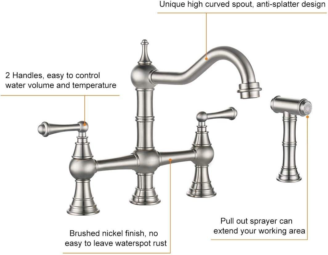 Antique Brass 8" Centerset Bridge Kitchen Faucet with Pull-out Spray