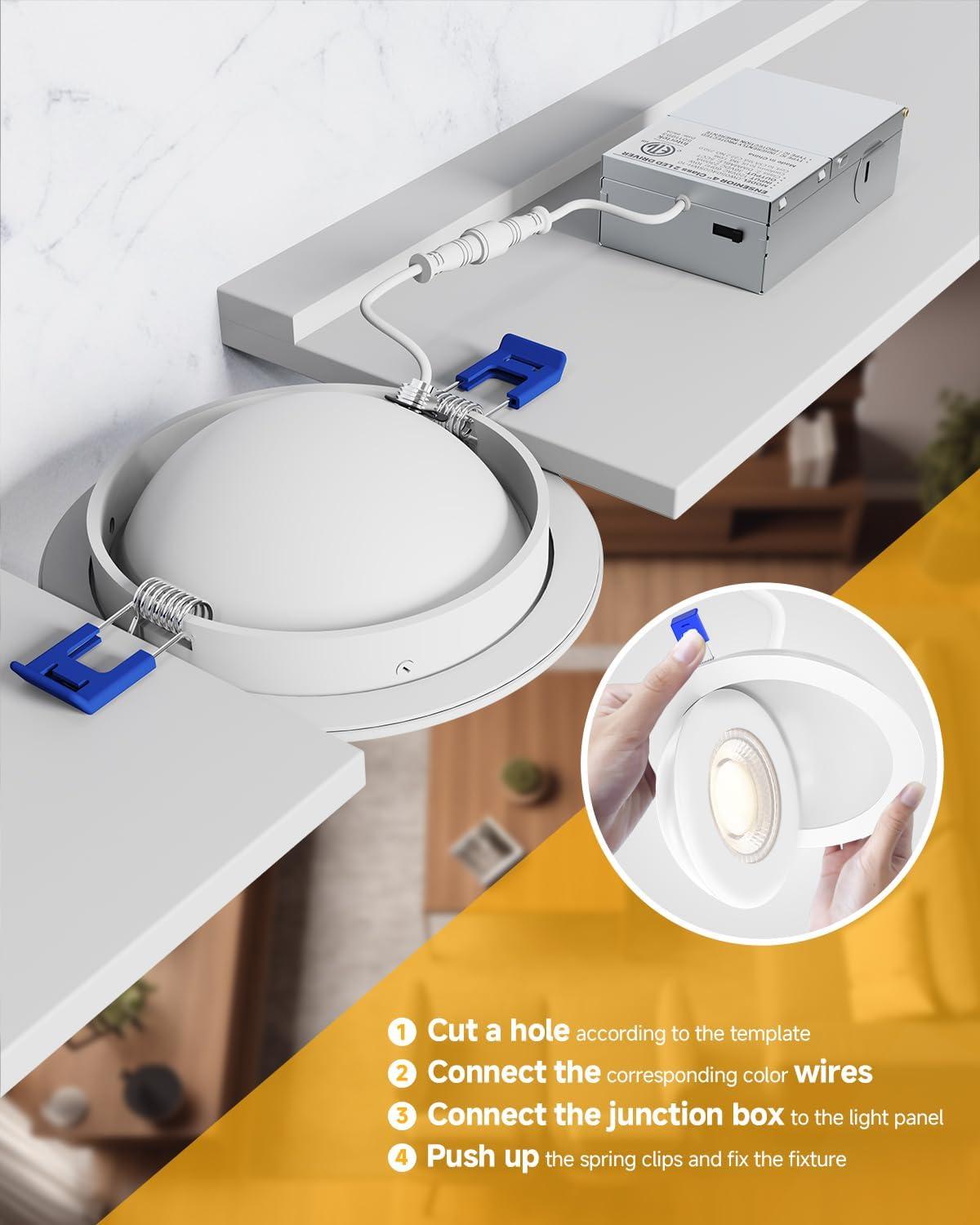 Ensenior 12 PACK 4 inch 5CCT LED Gimbal Led Recessed Light with Junction Box, 360°+90° Adjustable Directional Eyeball Lighting, Dimmable, 2700K/3000K/3500K/4000K/5000K, 950LM, 10W=85W-ETL&FCC