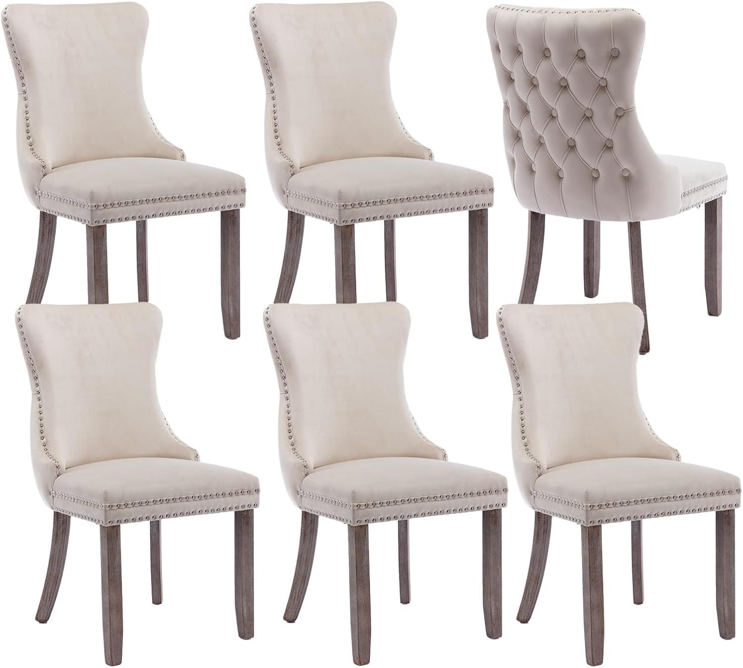 Tzicr Tufted Dining Chairs Set of 6, Upholstered Dining Chairs with Nailhead Back, Nailhead Trim, Velvet Dining Chairs for Kitchen/Bedroom/Dining Room(Beige)