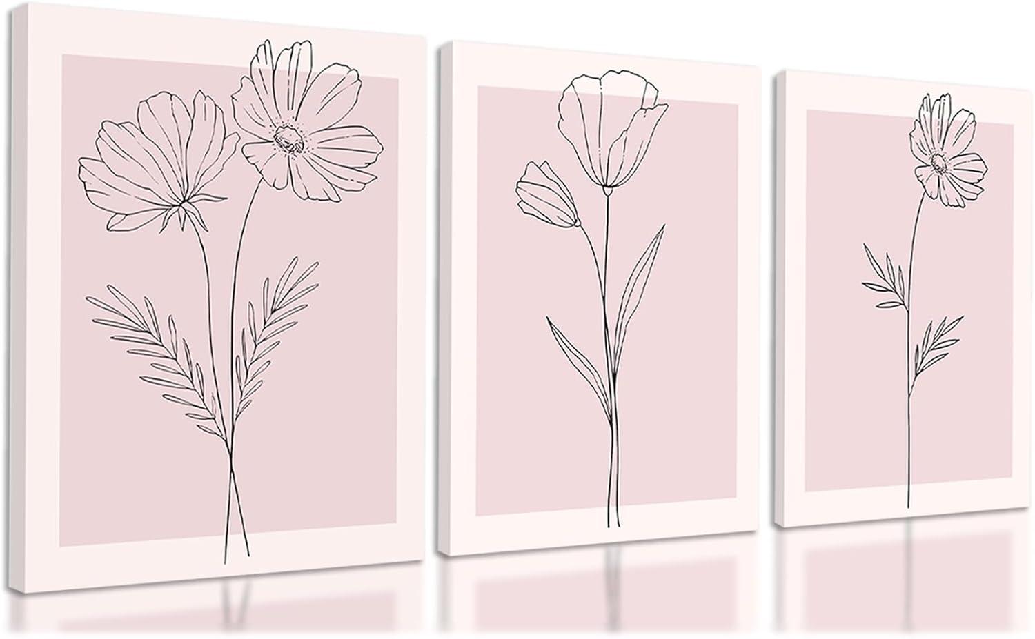 Lark Manor™ 3 Pieces Minimalism Botanical Canvas Wall Art Pink Flowers Line Plants Pictures Wall Decor Posters Print Artwork For Girls' Room Living Room Bedroom Bathroom Office Home Decoration
