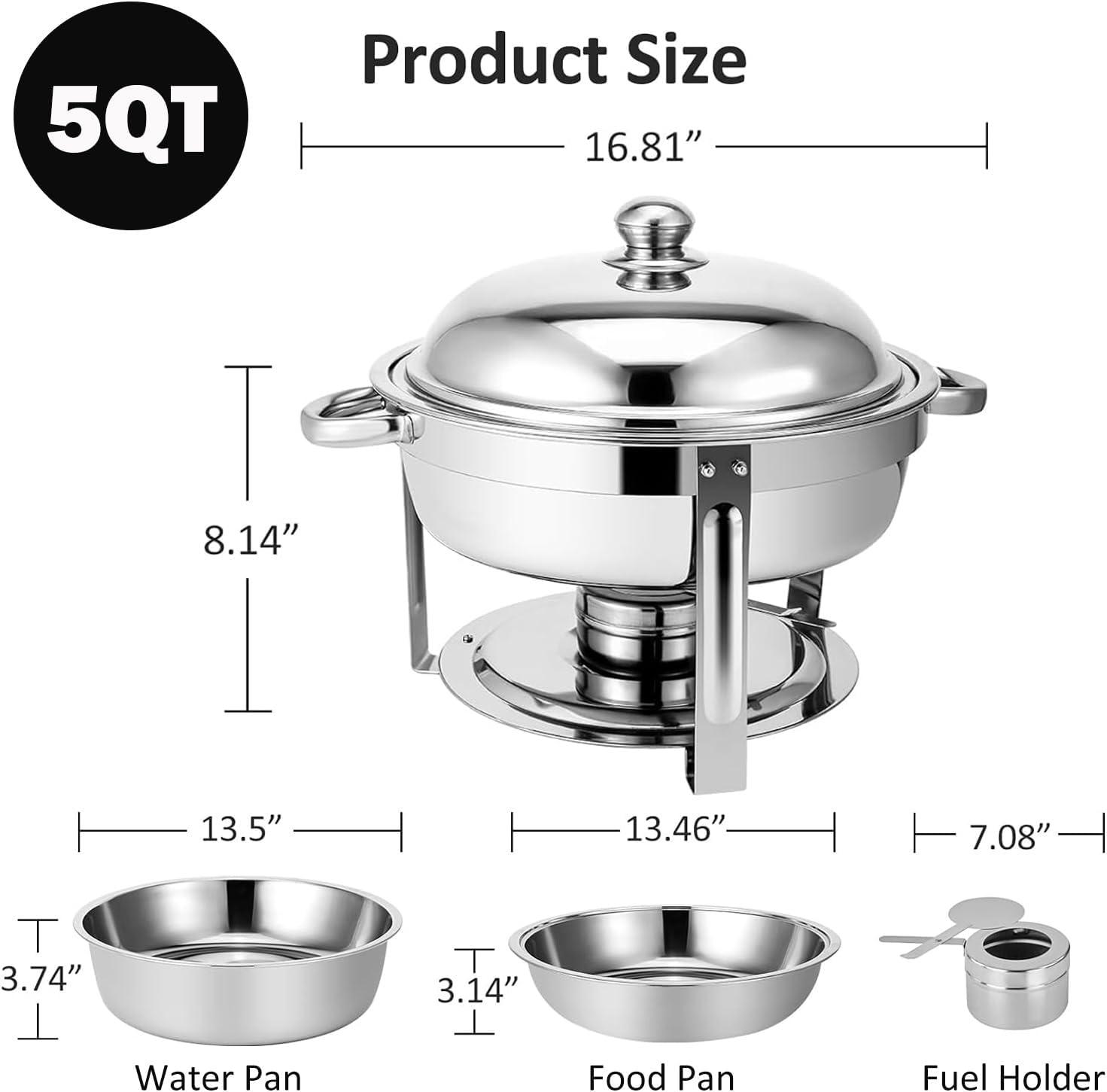 Round Stainless Steel Chafing Dish Set with Glass Lid, 5-Quart, Silver, Set of 4