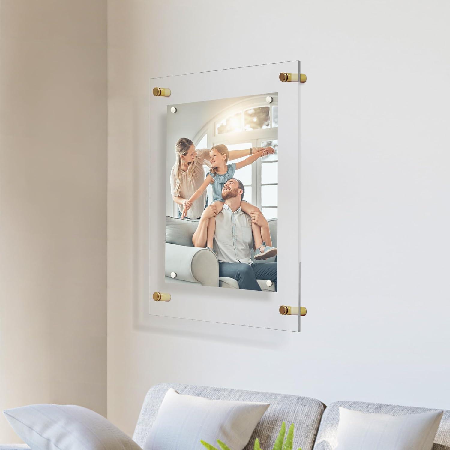 Acrylic Picture Frame for Wall 14x14, Clear Acrylic Single Panel with Magnets for Art upto 12x12 - Gold